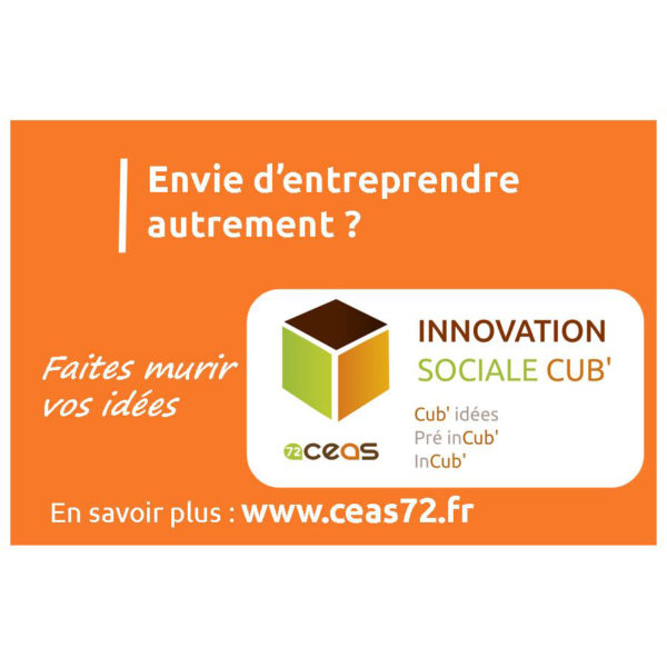 ceci est un flyer du C E A S 72, envie d'entreprendre autrement ? faites murir vos idées, innovation sociale cub', cub' idée, pré in cub', in cub', en savoir plus : www.ceas72.fr