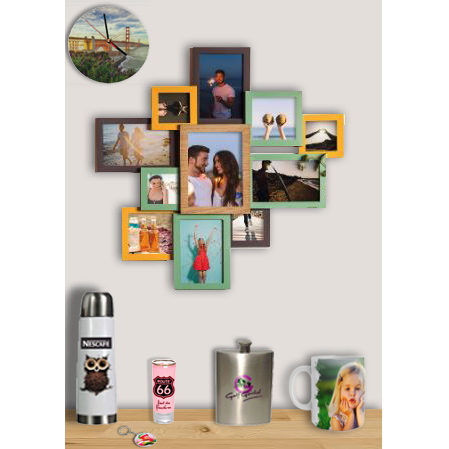 ceci est un montage photo avec divers objets marqué par l'entreprise Print'ETIC, tableau, horloge, thermos, shot, flash, mug, porte clé